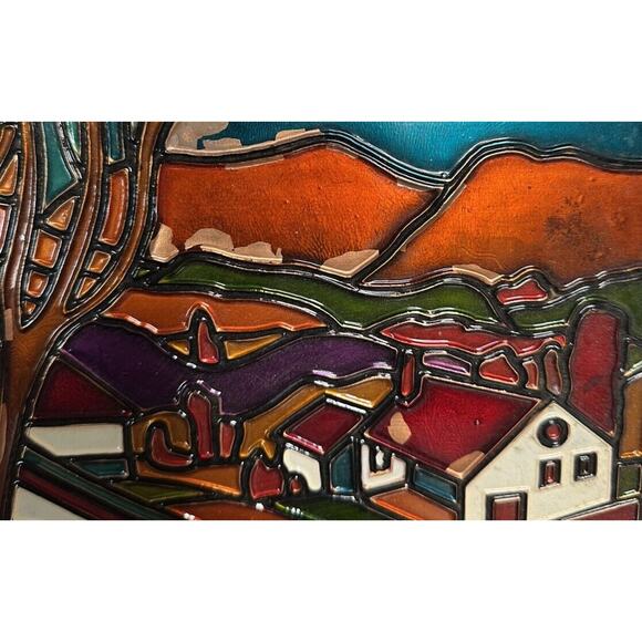 Vtg Enamel on Embossed Copper Village Mounted Autumn Fall Picture Wall Art - Picture 4 of 11